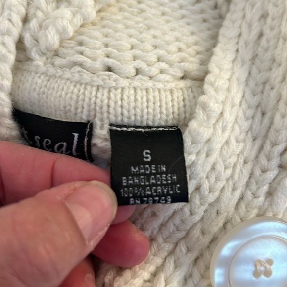 Wet Seal Cream Y2K 90s Cable Knit Button Down 3/4 Sleeve Hoodie Sweater Sz Small - Picture 6 of 6